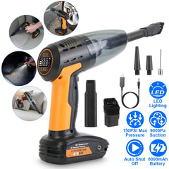 1Pc 4 In 1 Cordless Car Vacuum Cleaner And Tire Inflator With LED Light Digital Display Tire Pressure Gauge 150PSI Rechargeable Air Compressor Pump Essential Car Accessories